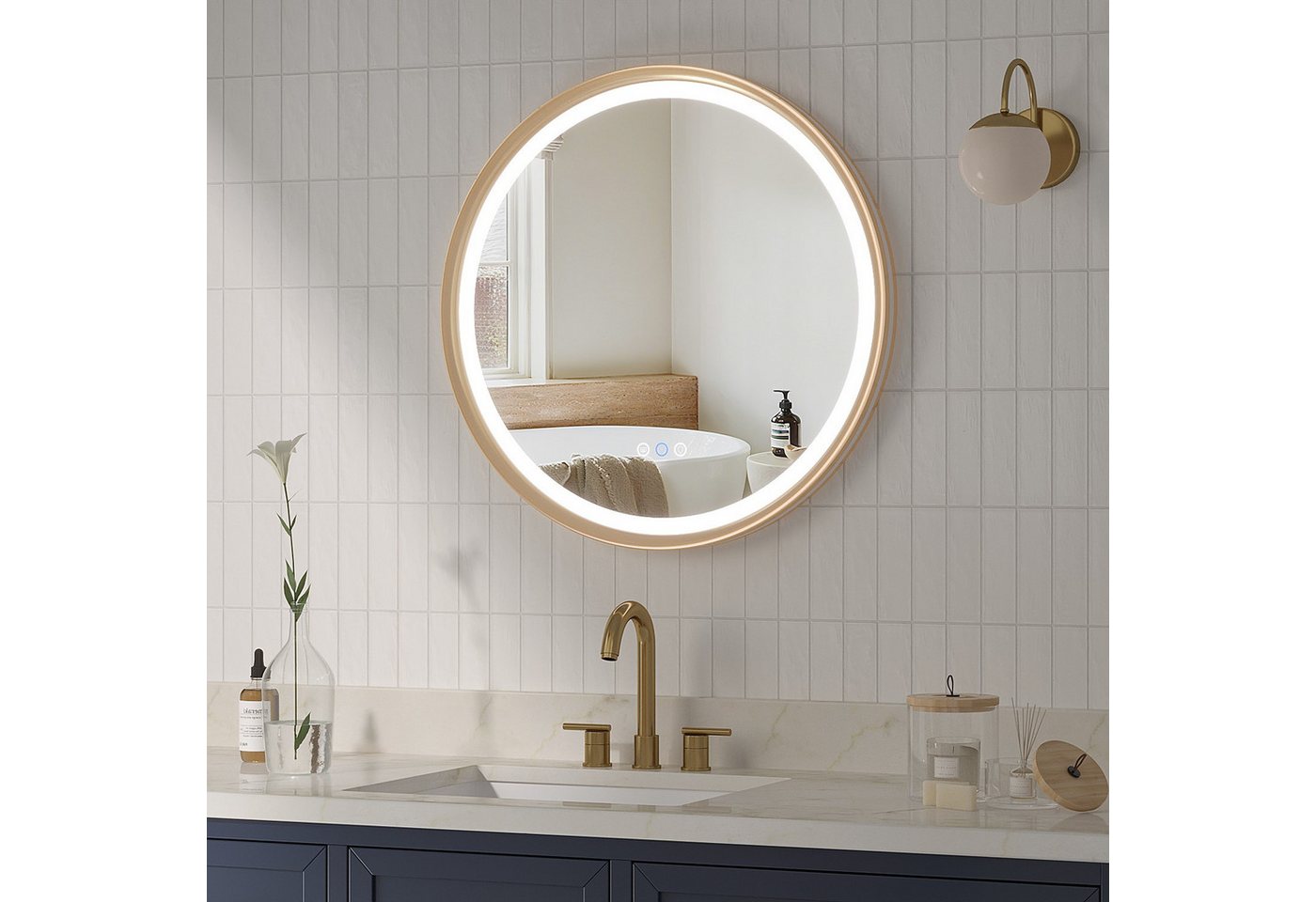 AQUALAVOS Rahmenspiegel-rund Badspiegel mit Beleuchtung Rund 60 cm Aluminiumrahmen Touch Schalter, LED Beleuchtung Dimmbar Kaltweiß & Warmweiß Touchschalter Alu-Rahmen Bild 2