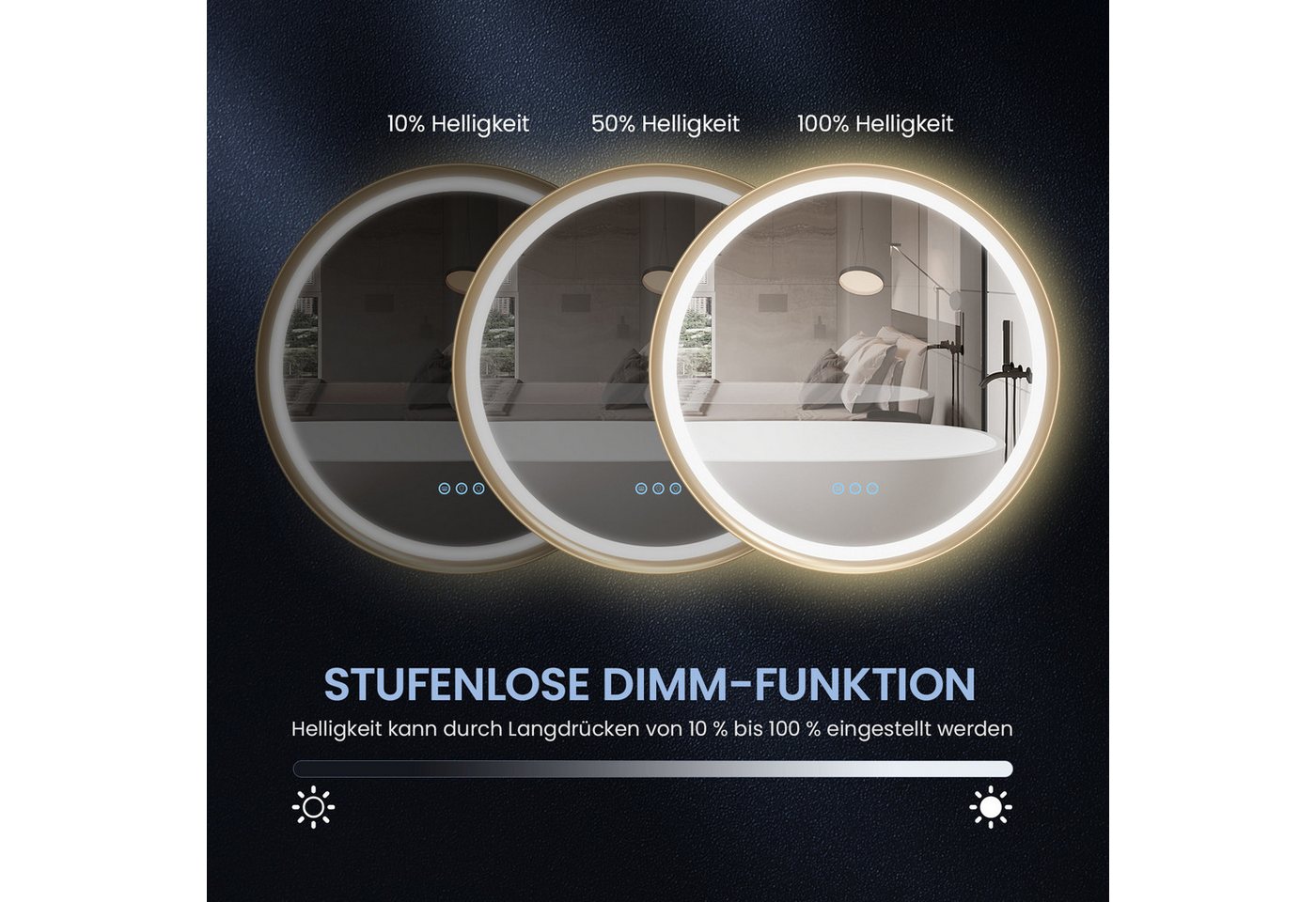 AQUALAVOS Rahmenspiegel-rund Badspiegel mit Beleuchtung Rund 60 cm Aluminiumrahmen Touch Schalter, LED Beleuchtung Dimmbar Kaltweiß & Warmweiß Touchschalter Alu-Rahmen Bild 3