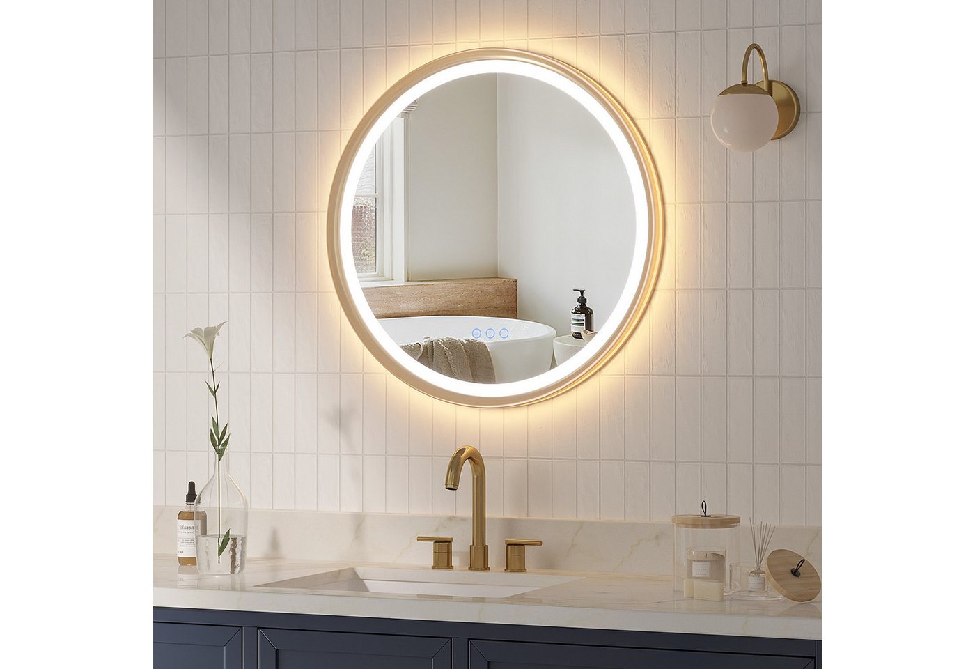 AQUALAVOS Rahmenspiegel-rund Badspiegel mit Beleuchtung Rund 60 cm Aluminiumrahmen Touch Schalter, LED Beleuchtung Dimmbar Kaltweiß & Warmweiß Touchschalter Alu-Rahmen Bild 4