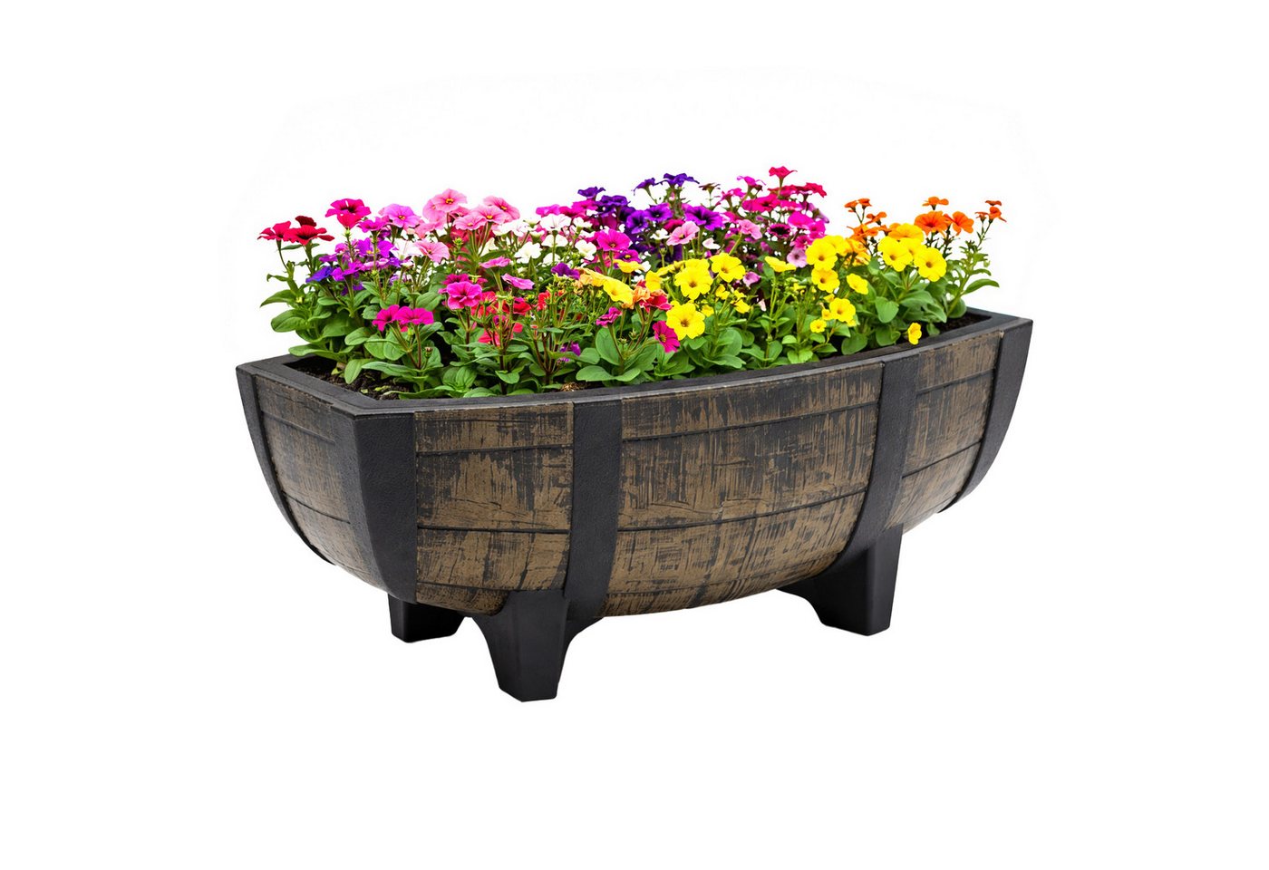 Spetebo Blumentopf Pflanzschale in Eichenfass Optik mit Drainageboden (Anzahl, 1 St., 41 x 30 cm), Blumenschale aus Kunststoff im Design eines halben Eichenfasses Bild 5
