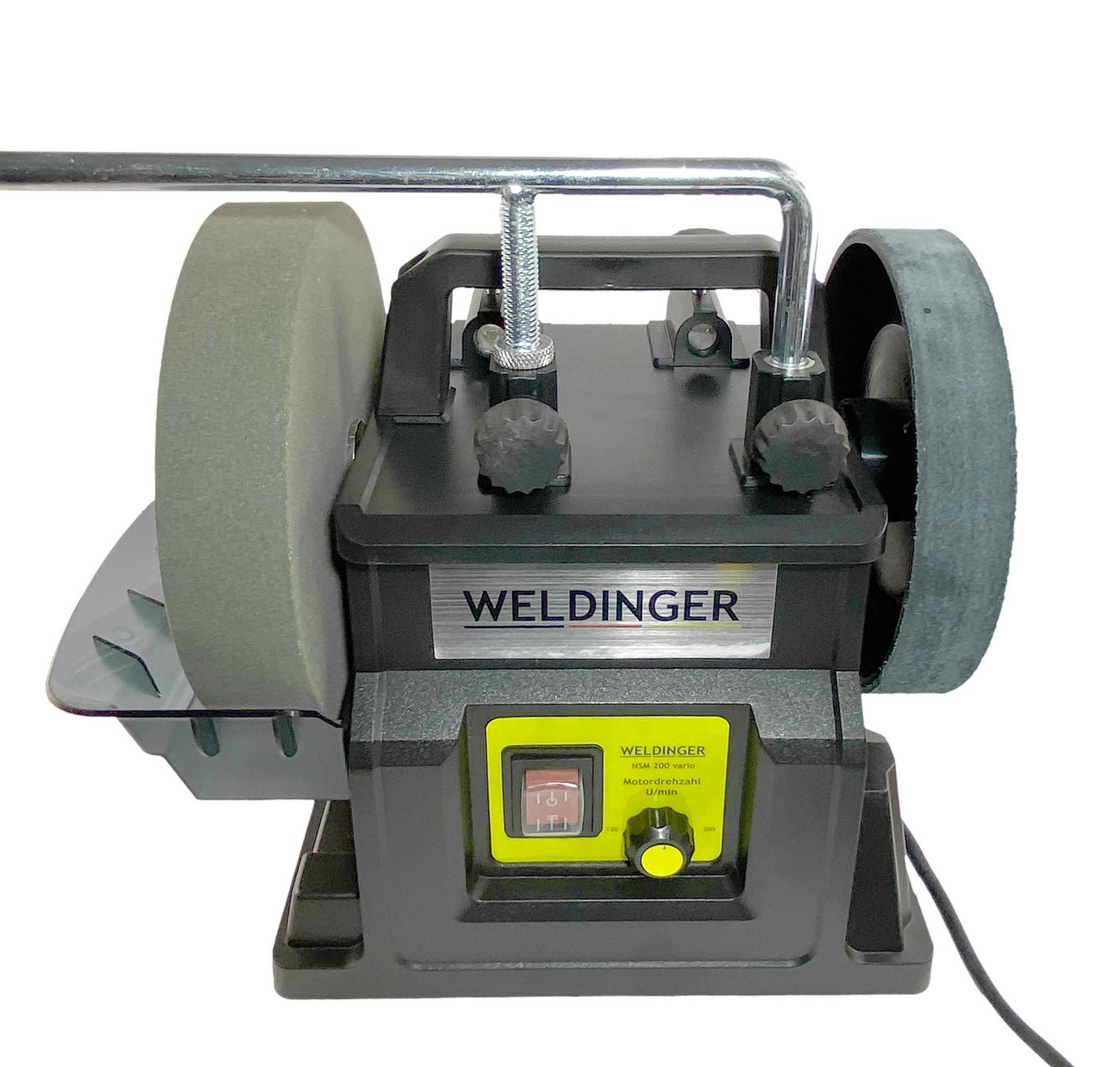 WELDINGER Nass-Trockenschleifer Aktionsset Naßschleifer NSM-200 vario 5-teiliges Schreinerset SRS-23, max. 200 U/min, (Set, 8 tlg., Schreinerset), laufruhiger Elektromotor, höhenverstellbarer Wasserbehälter