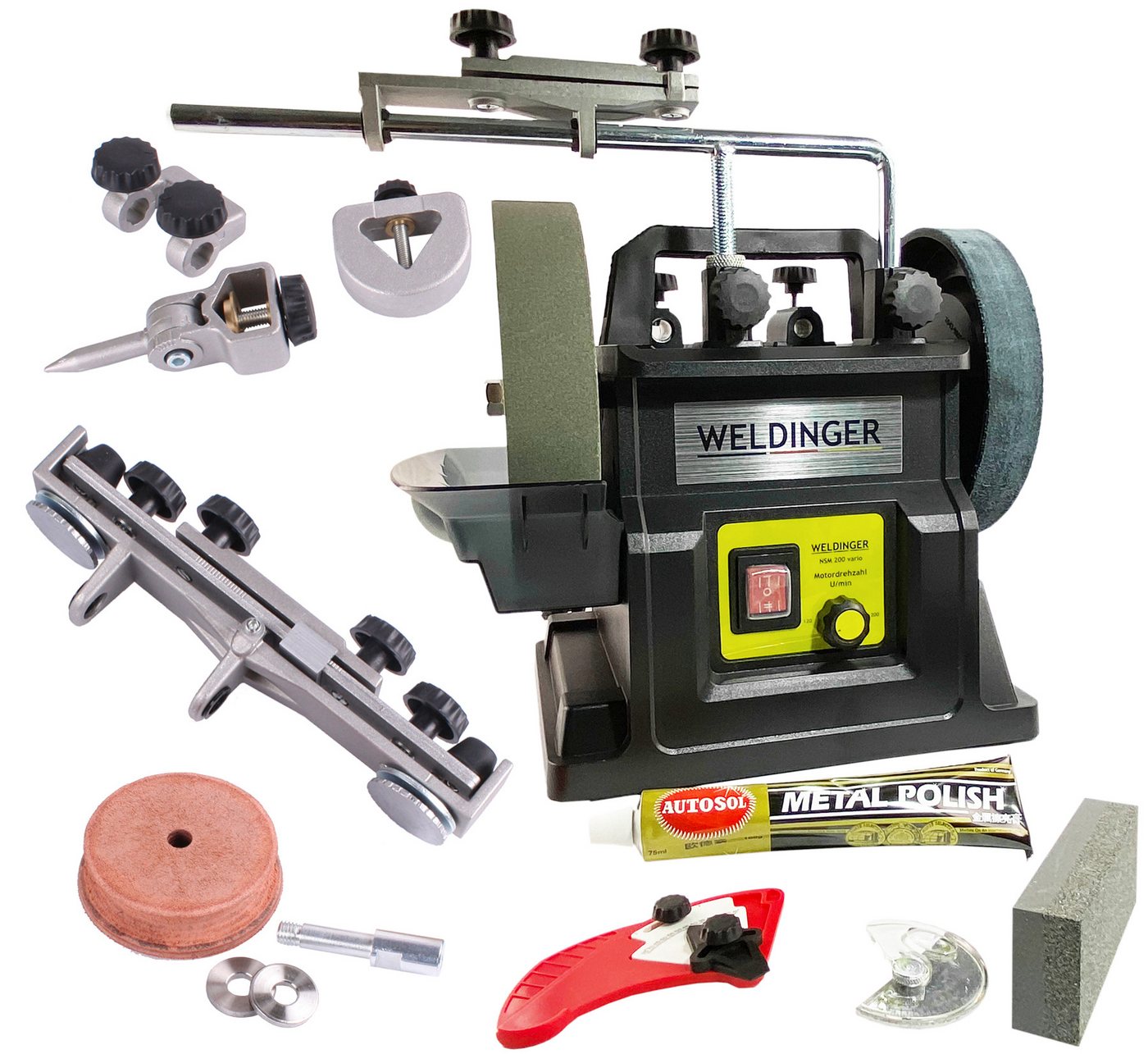 WELDINGER Nass-Trockenschleifer Aktionsset Naßschleifer NSM-200 vario 5-teiliges Schreinerset SRS-23, max. 200 U/min, (Set, 8 tlg., Schreinerset), laufruhiger Elektromotor, höhenverstellbarer Wasserbehälter Bild 3