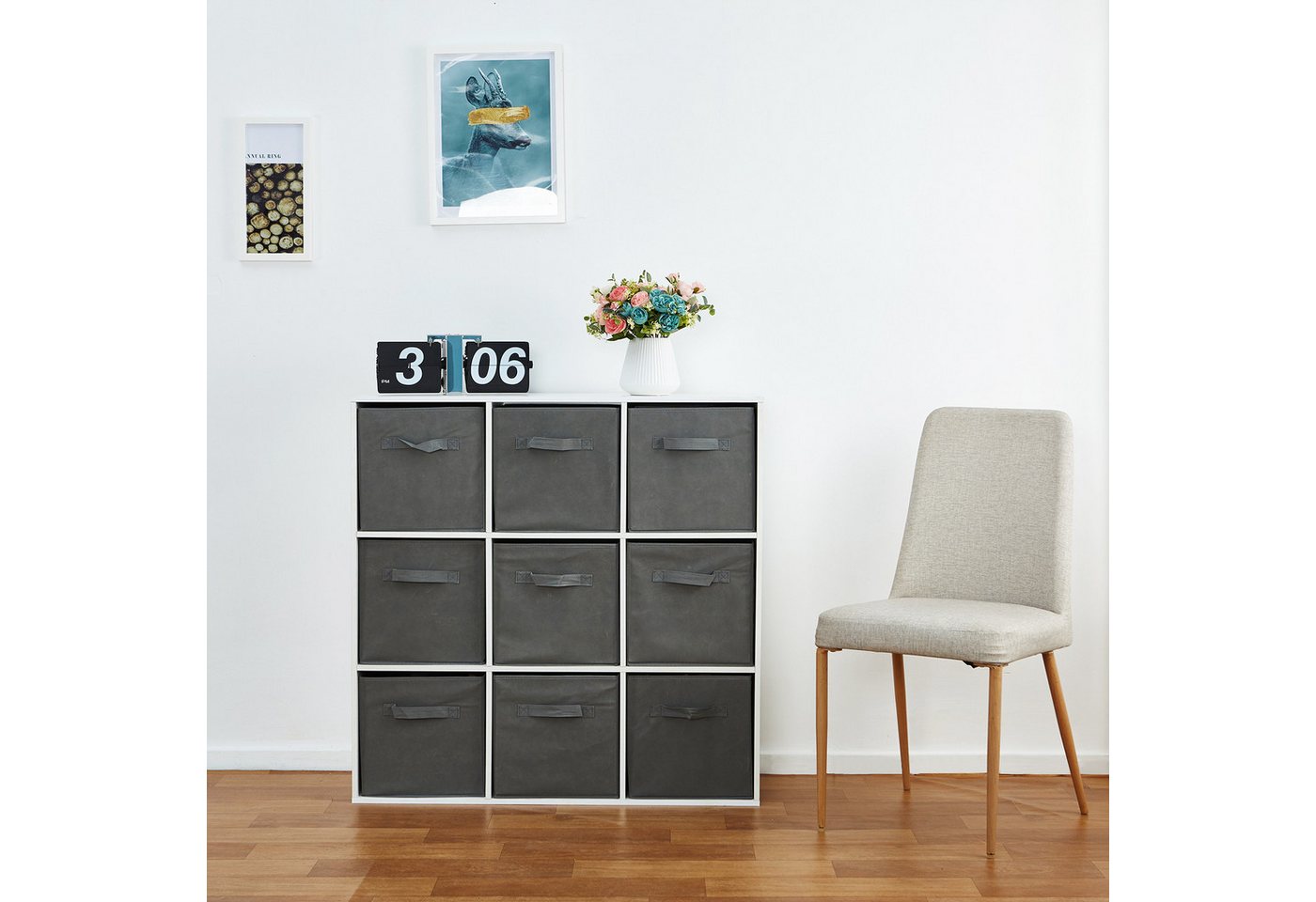 Mondeer Bücherregal Bücherschrank, 9er-Würfelregal mit Stoffboxen, 90 x 30 x 90 cm, Weiß