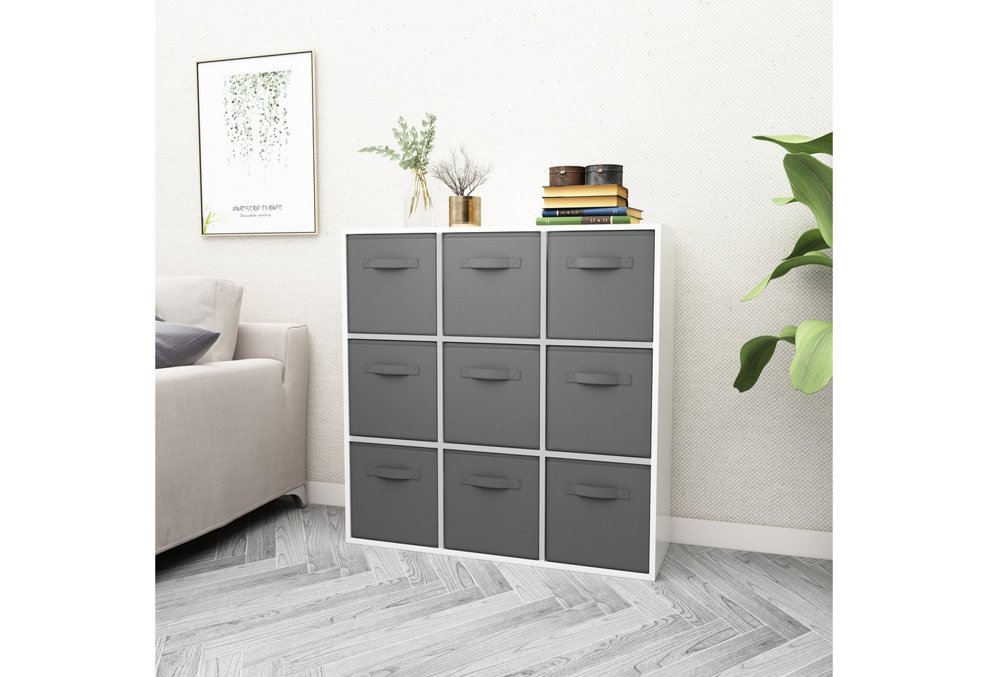 Mondeer Bücherregal Bücherschrank, 9er-Würfelregal mit Stoffboxen, 90 x 30 x 90 cm, Weiß Bild 2