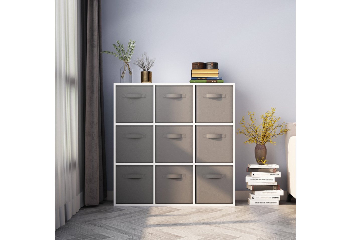 Mondeer Bücherregal Bücherschrank, 9er-Würfelregal mit Stoffboxen, 90 x 30 x 90 cm, Weiß Bild 3