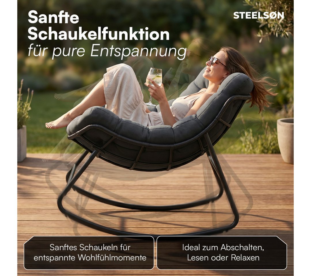 STEELSØN Schaukelstuhl Veldora Rattan XXL Schaukelsessel mit Sitzpolstern für Innen & Außen (Anthrazit, Stahlgestell 75x100x65 cm), Relaxsessel wetterfest & rutschfest, Lounge Sessel bis 125 kg