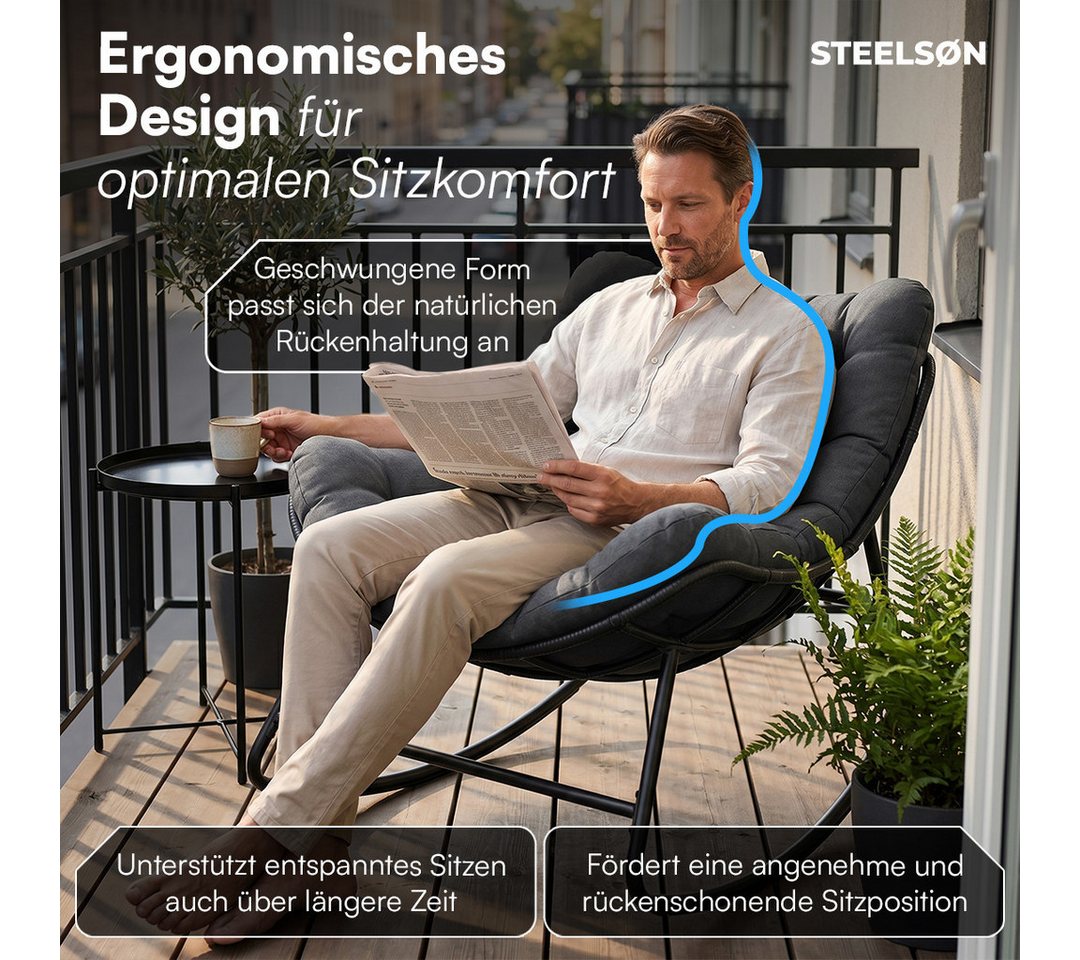 STEELSØN Schaukelstuhl Veldora Rattan XXL Schaukelsessel mit Sitzpolstern für Innen & Außen (Anthrazit, Stahlgestell 75x100x65 cm), Relaxsessel wetterfest & rutschfest, Lounge Sessel bis 125 kg Bild 2
