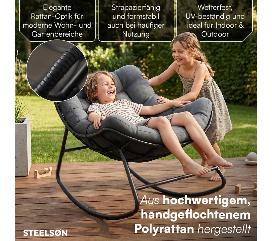 STEELSØN Schaukelstuhl Veldora Rattan XXL Schaukelsessel mit Sitzpolstern für Innen & Außen (Anthrazit, Stahlgestell 75x100x65 cm), Relaxsessel wetterfest & rutschfest, Lounge Sessel bis 125 kg Bild 3