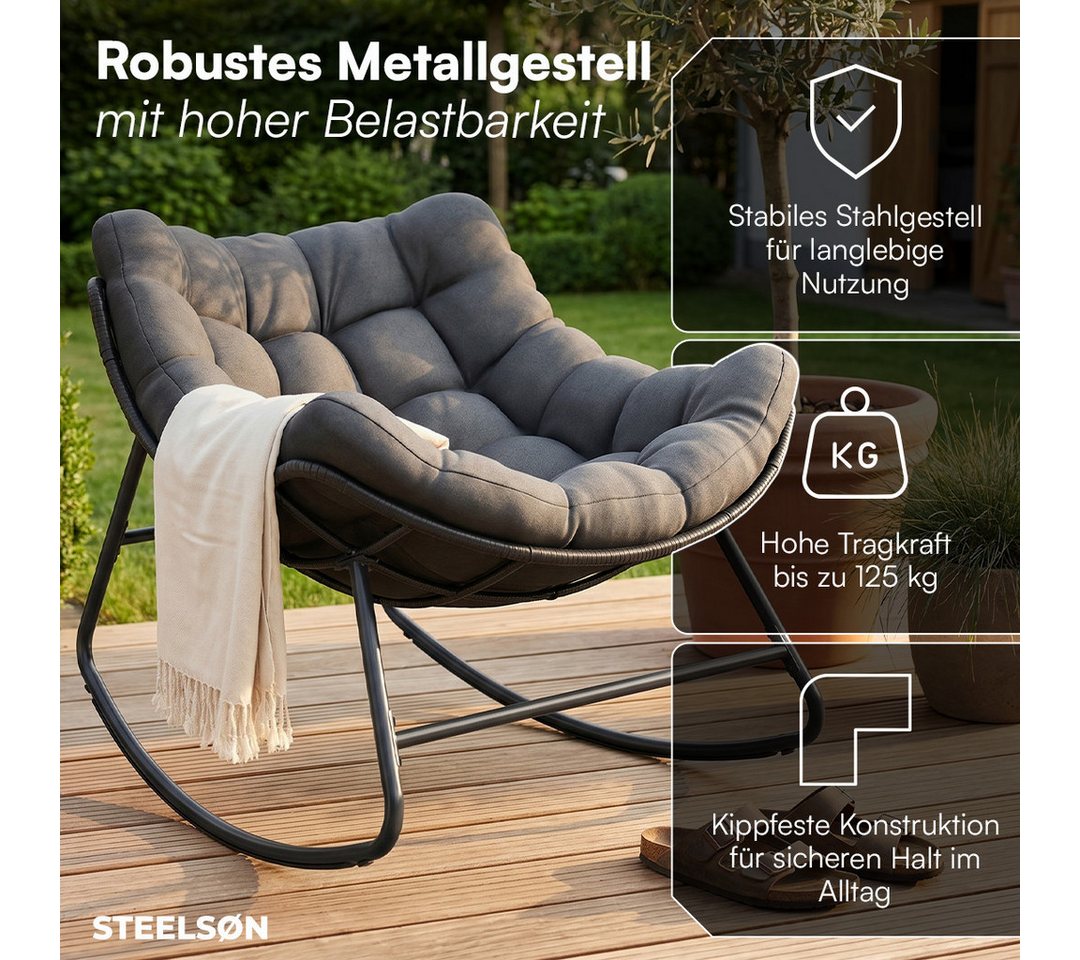 STEELSØN Schaukelstuhl Veldora Rattan XXL Schaukelsessel mit Sitzpolstern für Innen & Außen (Anthrazit, Stahlgestell 75x100x65 cm), Relaxsessel wetterfest & rutschfest, Lounge Sessel bis 125 kg Bild 5