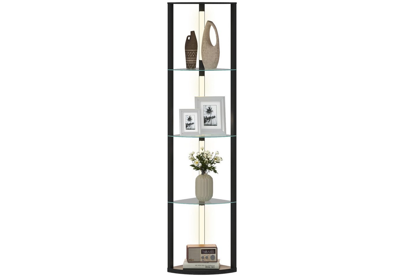 HOMCOM Stehlampe LED Standleuchte mit Glasregal, 3 Helligkeitsstufen Fußschalter, dimmbar, mehrere Helligkeitsstufen, Ein-,Ausschalter, LED fest integriert, Warmweiß, für Wohnzimmer Schlafzimmer Schwarz