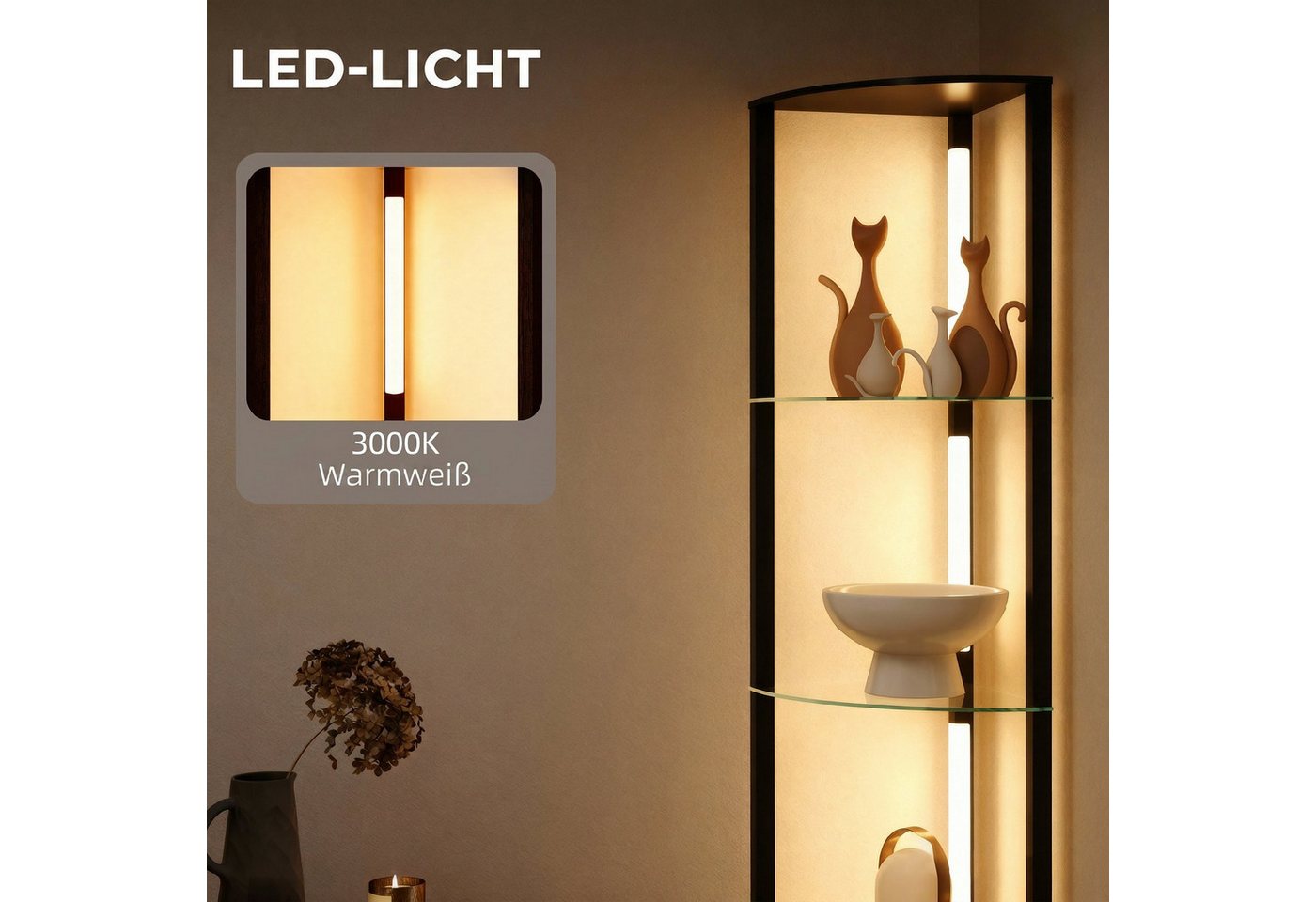 HOMCOM Stehlampe LED Standleuchte mit Glasregal, 3 Helligkeitsstufen Fußschalter, dimmbar, mehrere Helligkeitsstufen, Ein-,Ausschalter, LED fest integriert, Warmweiß, für Wohnzimmer Schlafzimmer Schwarz Bild 3