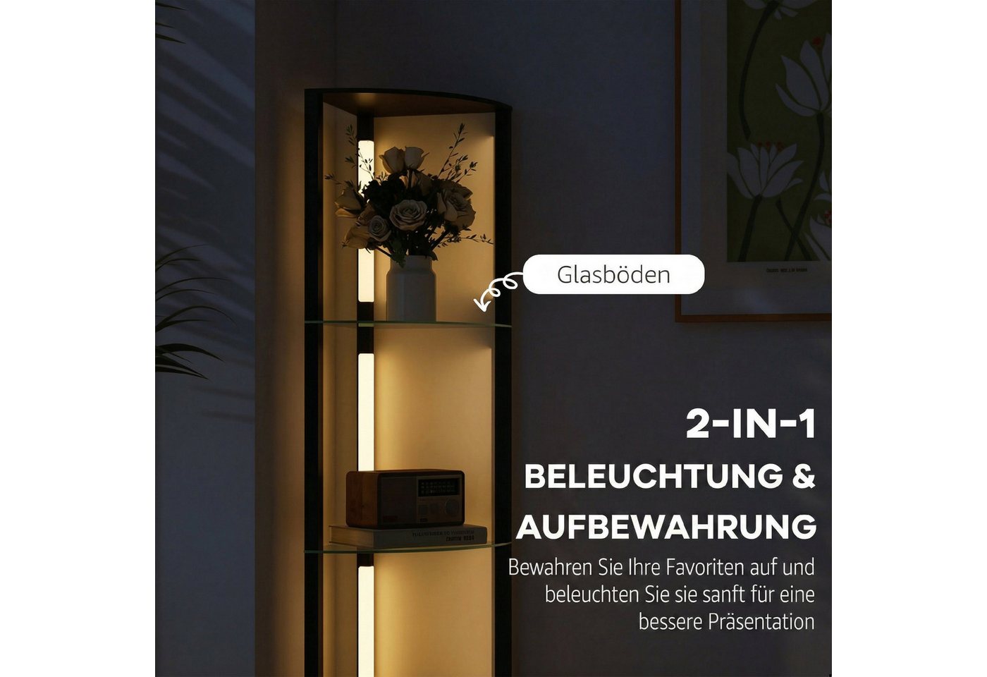 HOMCOM Stehlampe LED Standleuchte mit Glasregal, 3 Helligkeitsstufen Fußschalter, dimmbar, mehrere Helligkeitsstufen, Ein-,Ausschalter, LED fest integriert, Warmweiß, für Wohnzimmer Schlafzimmer Schwarz Bild 5