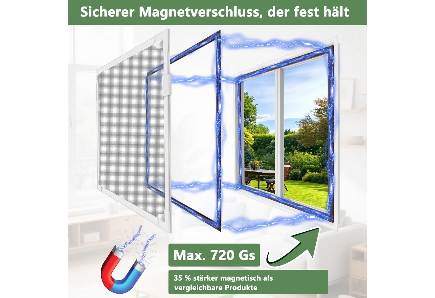 Bwecuy Insektenschutz-Fensterrahmen Magnet Fliegengitter Fenster–Selbstklebend & Zuschneidbar, ohne Bohren, Fiberglas Insektenschutzgitter, Einfache Montage Bild 2