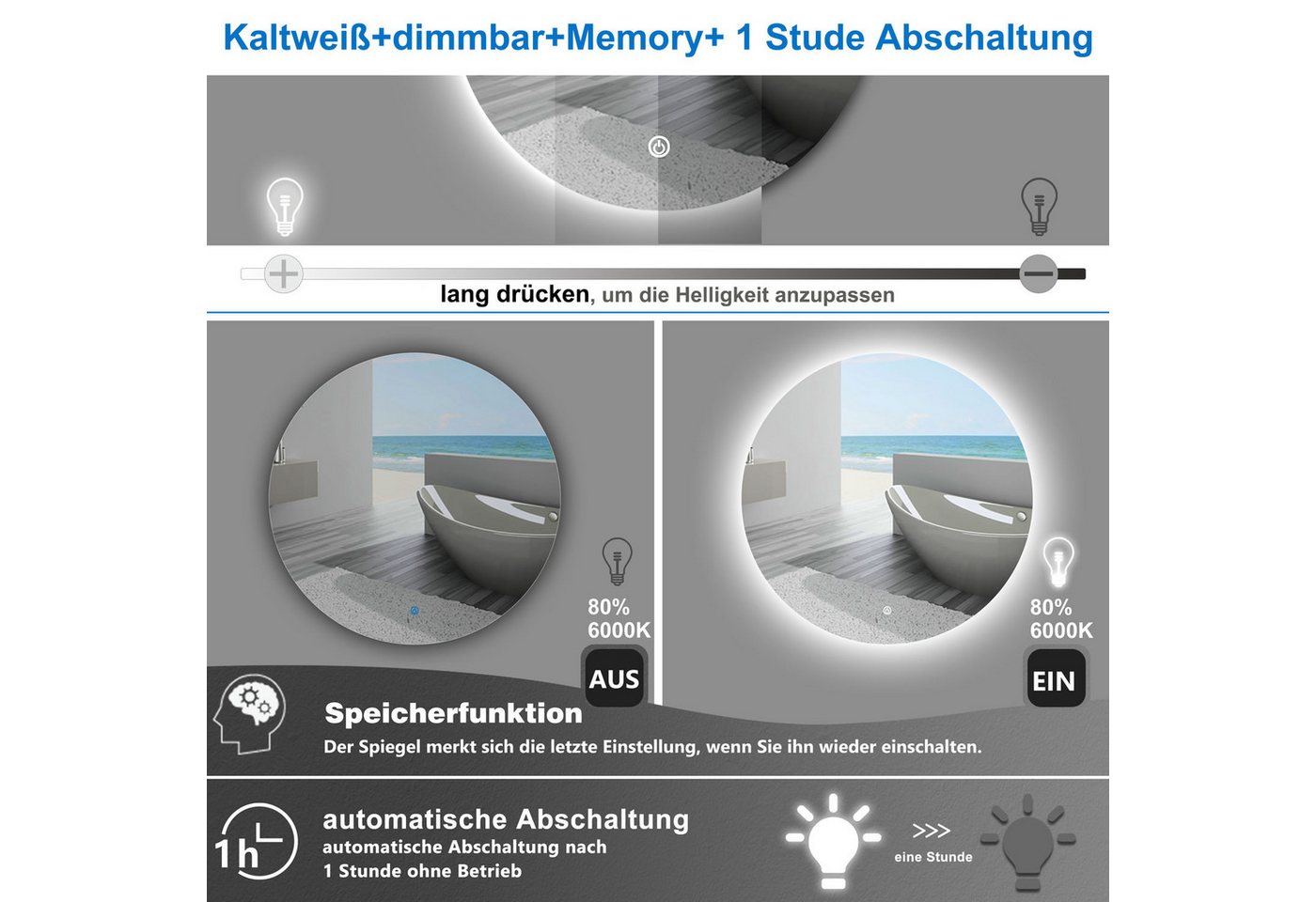 Duschparadies GmbH Badspiegel Wandspiegel mit LED-Beleuchtung Modern (mit Beleuchtung, Ø50~80cm, Dimmbar, Intelligenter Touchschalter) Bild 3