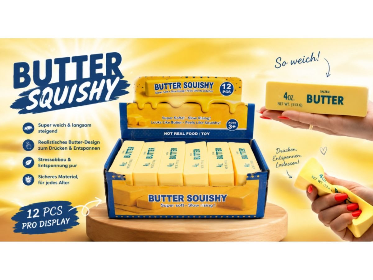 meytrade Therapieknete Quetschspielzeug, Trend Butter, Squishy Anti-Stress für Büro & Schule, weicher Slow Rising Squishy im lustigen Butter-Design