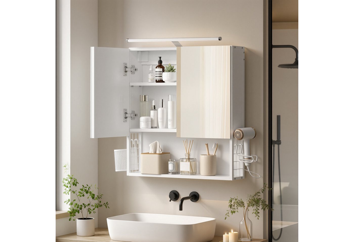 VASAGLE Spiegelschrank Badezimmerschrank, Badschrank, Wandschrank (mit LED-Beleuchtung) mit Stecker, Hängekorb, Haartrockner-Halter