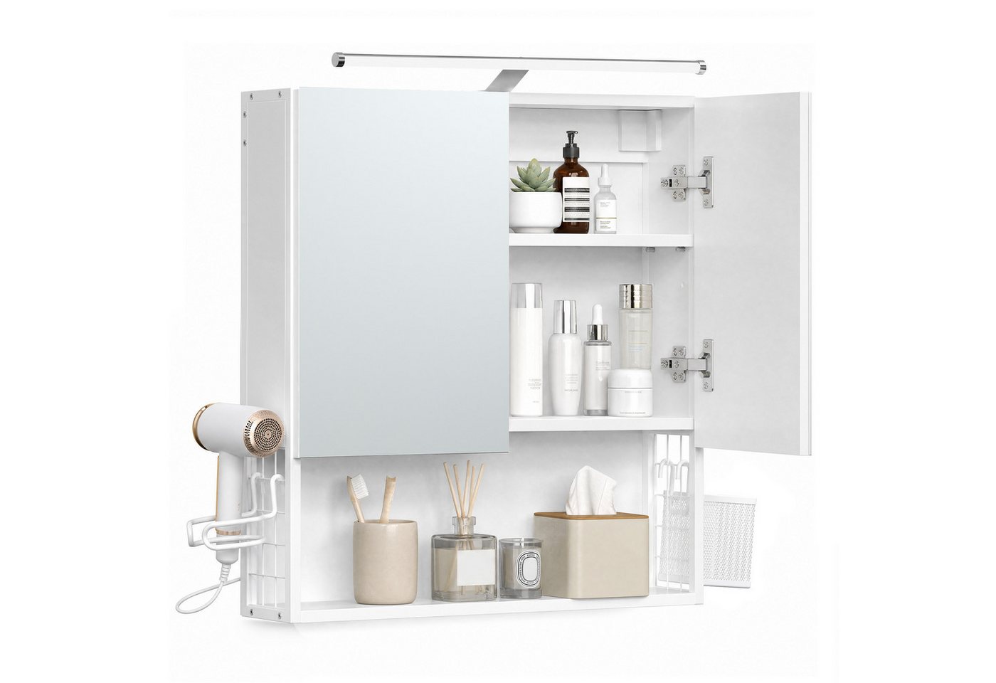 VASAGLE Spiegelschrank Badezimmerschrank, Badschrank, Wandschrank (mit LED-Beleuchtung) mit Stecker, Hängekorb, Haartrockner-Halter Bild 2