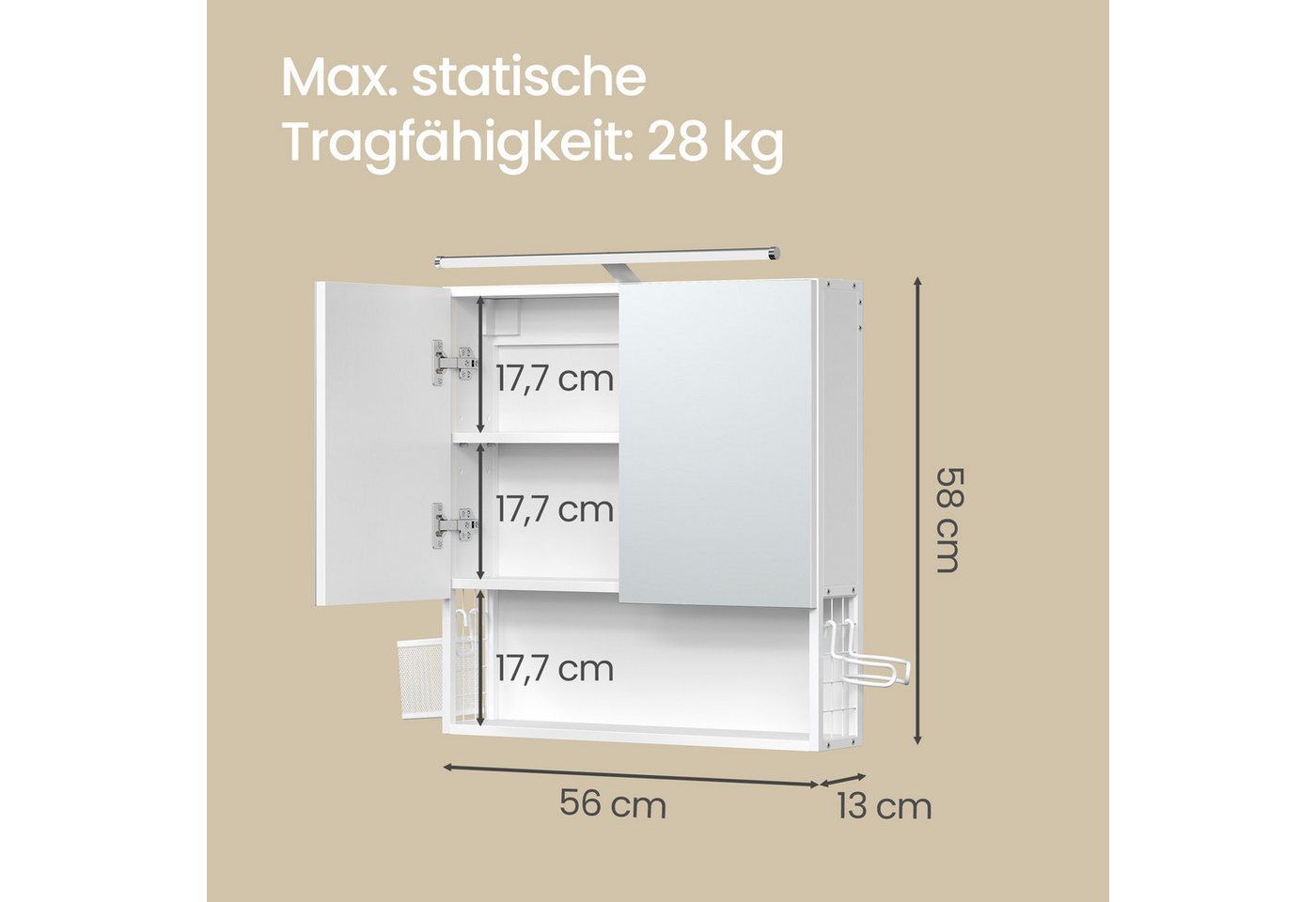 VASAGLE Spiegelschrank Badezimmerschrank, Badschrank, Wandschrank (mit LED-Beleuchtung) mit Stecker, Hängekorb, Haartrockner-Halter Bild 4