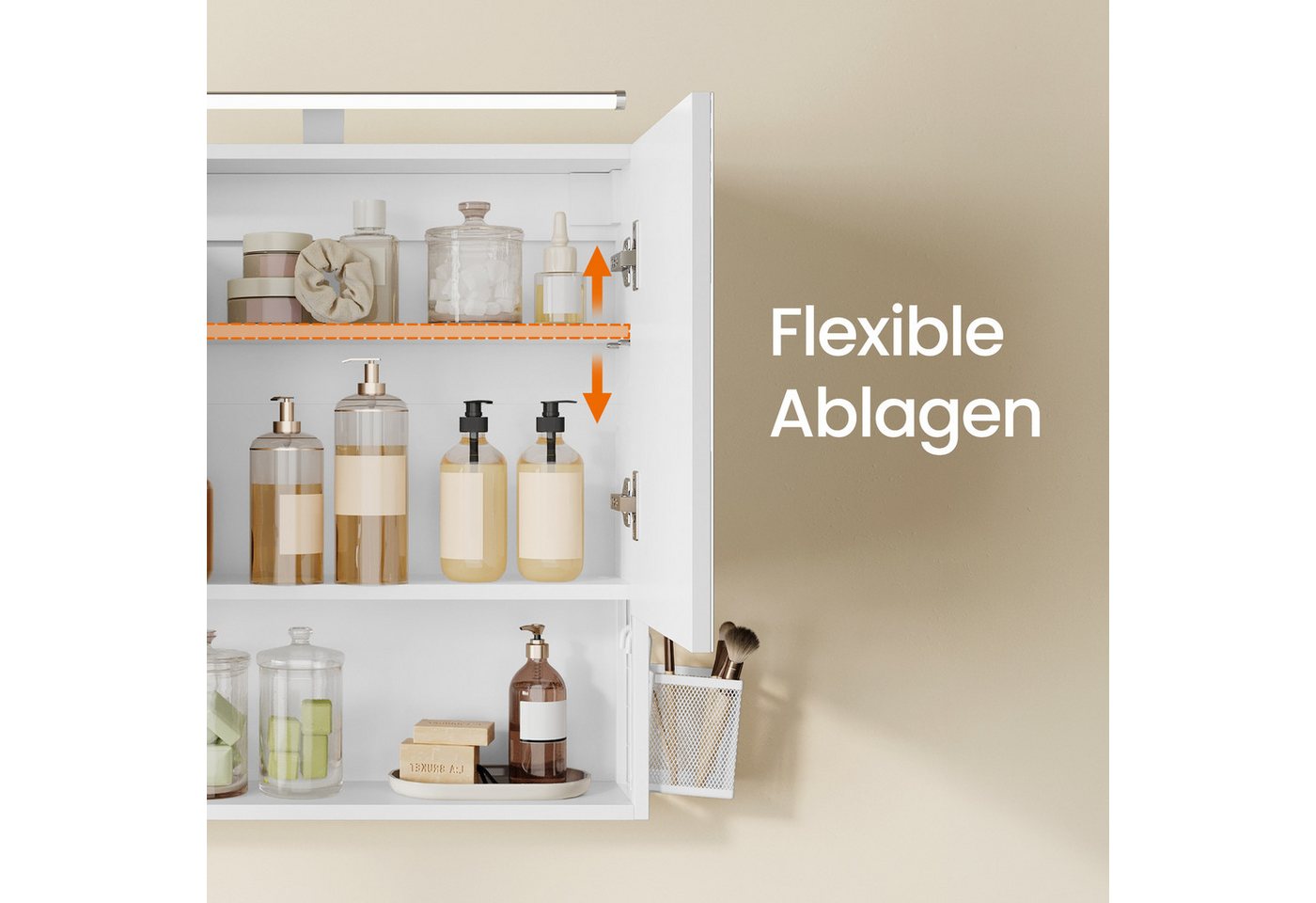 VASAGLE Spiegelschrank Badezimmerschrank, Badschrank, Wandschrank (mit LED-Beleuchtung) mit Stecker, Hängekorb, Haartrockner-Halter Bild 5