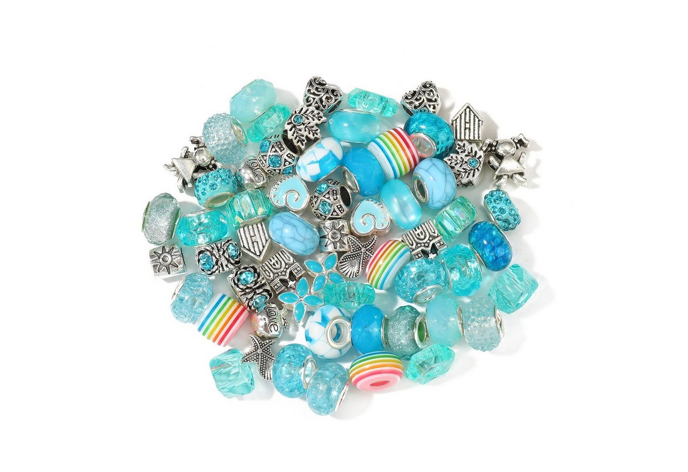 Kopper-24 Bastelperlen Großlochperlen Glasperlen Charm Mix mit 60 Perlen, Türkis