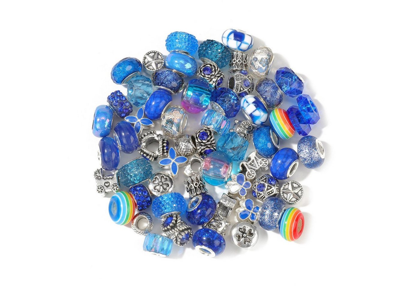 Kopper-24 Bastelperlen Großlochperlen Glasperlen Charm Mix mit 60 Perlen, Blau