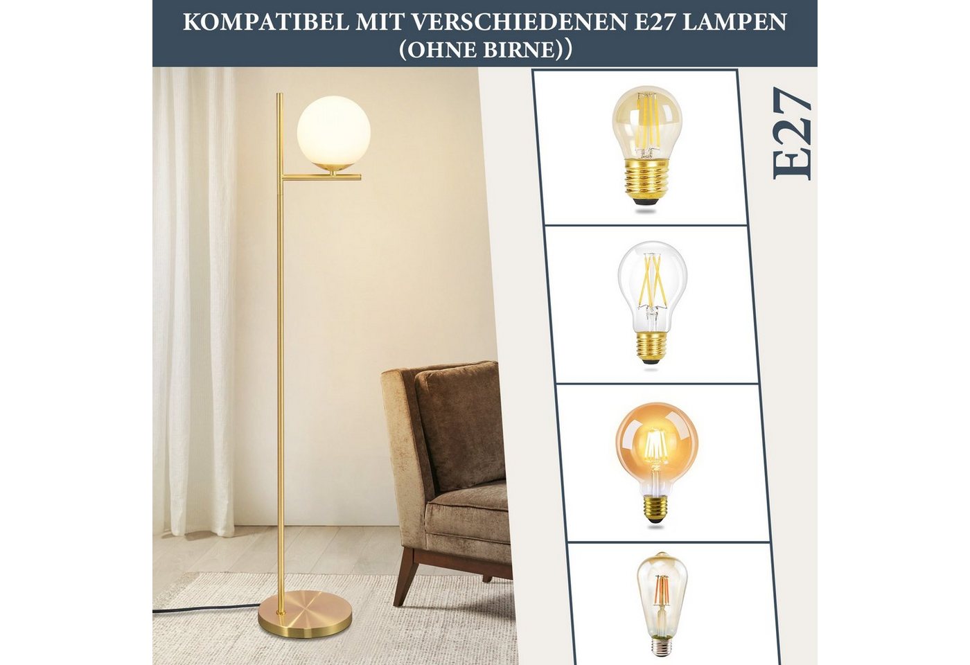 ZMH Stehlampe Wohnzimmer 1Flammig Metall Industrial Stehleuchte mit Fußschalter Flur, Einfache Installation, ohne Leuchtmittel, E27 Vintage Bodenlampe für Schlafzimmer, schwarz/Gold Bild 3