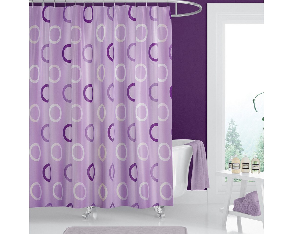 Ekershop Duschvorhang Textil " Lila mit Kreisen " Weiß / Flieder Kreise für Duschstange Breite 120 cm (inkl. Ringe), Höhe 200 cm, wasserabweisend, waschbar, bügelbar Bild 2
