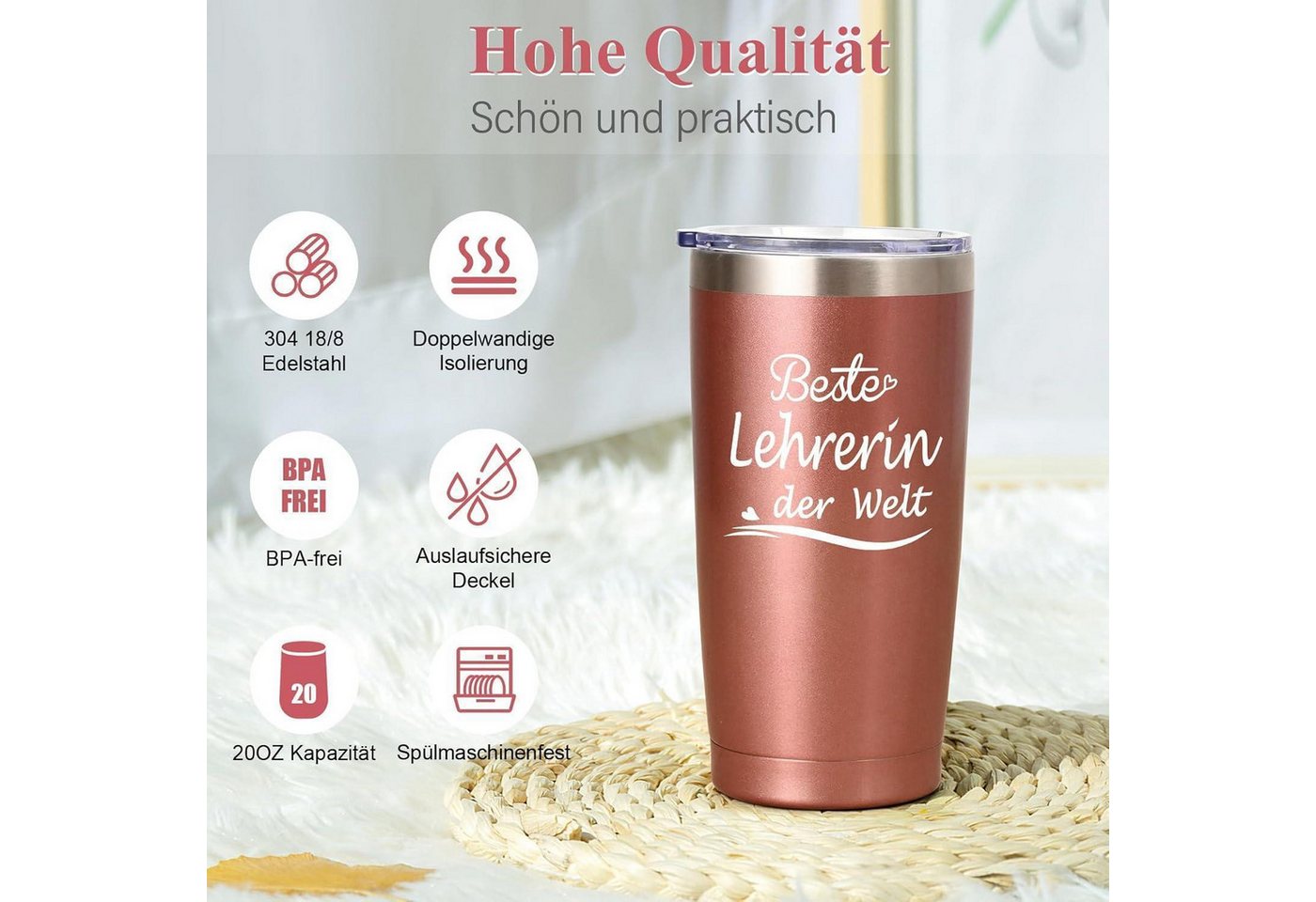 LuxusKollektion Coffee-to-go-Becher Lehrerin Abschiedsgeschenk Thermobecher Dankeschön 600ml Roségold Bild 3