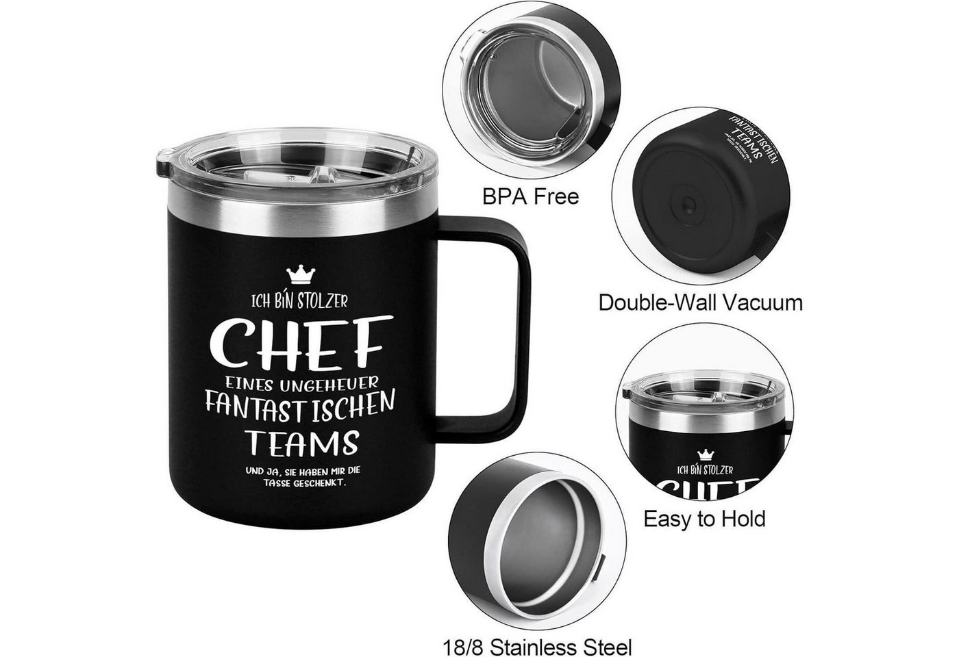 LuxusKollektion Thermotasse Chef Geschenke Tasse 350ml Edelstahl Camping Becher Schwarz