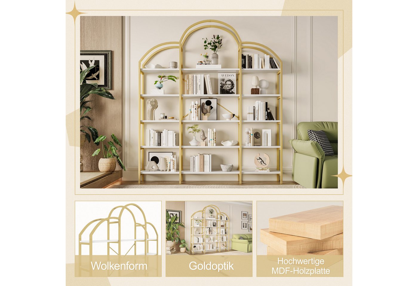 Flieks Bücherregal 5 stöckiges, Lagerregal, Aufbewahrungsregal Hochschrank Bücherwand, B170/T25/H190 cm 1-tlg., Standregal mit 5 Ebenen Bücherschrank in Wolkenform, Stahlrahmen