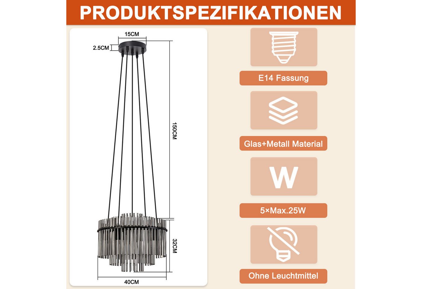 Nettlife Pendelleuchte Retro Gold/Schwarz 5-flammiger Kronleuchter Hängeleuchte E14 Fassungen, ohne Leuchtmittel, Esstischlampe für Wohnzimmer Küche Bild 5