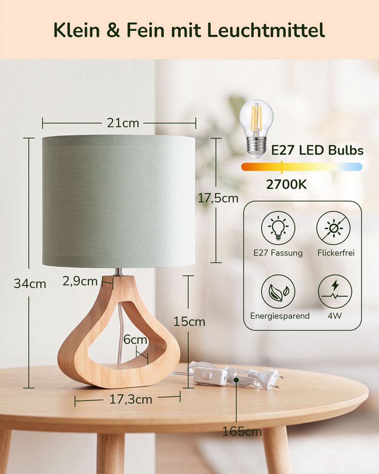 EDISHINE Nachttischlampe Höch 34cm Holz, Holzdeko, LED wechselbar, warmweiß, Lampe mit Ein-/Ausschalter, E27 Fassung mit 2700K LED-Glühbirne Bild 2