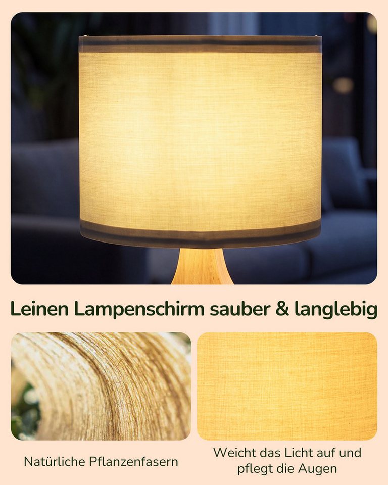 EDISHINE Nachttischlampe Höch 34cm Holz, Holzdeko, LED wechselbar, warmweiß, Lampe mit Ein-/Ausschalter, E27 Fassung mit 2700K LED-Glühbirne Bild 3