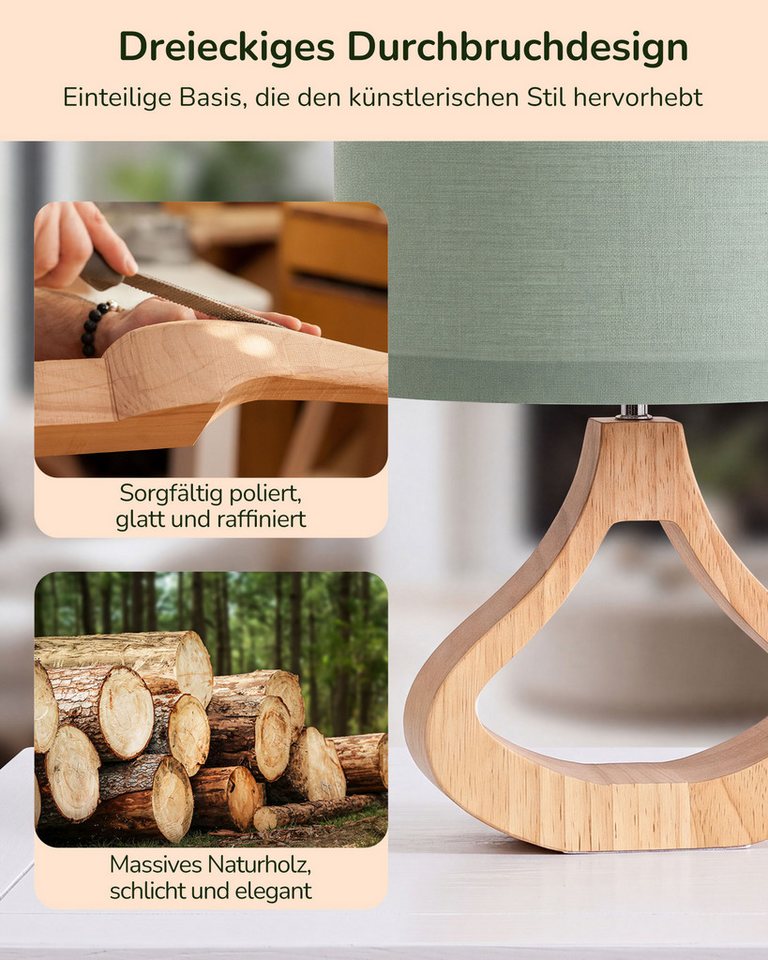 EDISHINE Nachttischlampe Höch 34cm Holz, Holzdeko, LED wechselbar, warmweiß, Lampe mit Ein-/Ausschalter, E27 Fassung mit 2700K LED-Glühbirne Bild 5