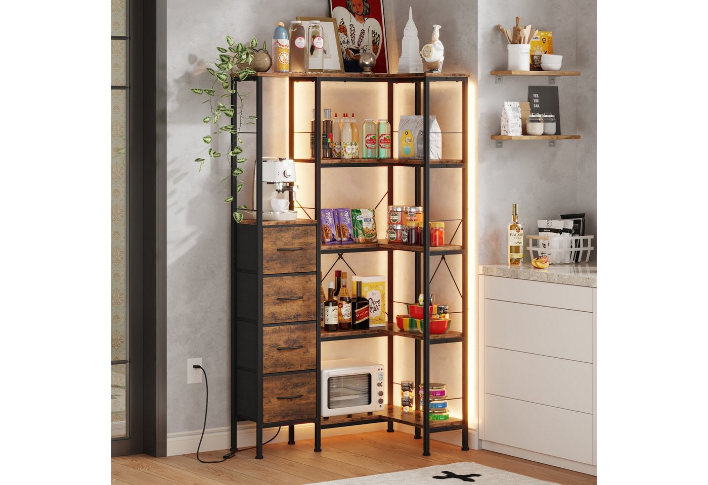 OYRREU Bücherregal Wohnzimmer, Homeoffice Eckenregal, LED-Beleuchtung, Helligkeit & Farbe einstellbar, Regal, 1-Stk., Wohnzimmerregal, Stauraumregal, App-gesteuert, 5 Ebenen, schmal, Aufbewahrungsregal