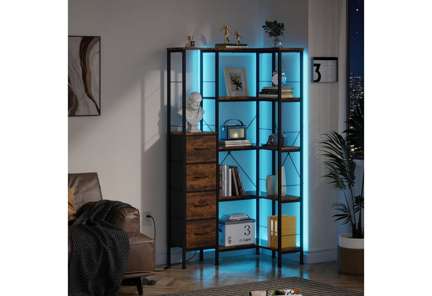 OYRREU Bücherregal Wohnzimmer, Homeoffice Eckenregal, LED-Beleuchtung, Helligkeit & Farbe einstellbar, Regal, 1-Stk., Wohnzimmerregal, Stauraumregal, App-gesteuert, 5 Ebenen, schmal, Aufbewahrungsregal Bild 2