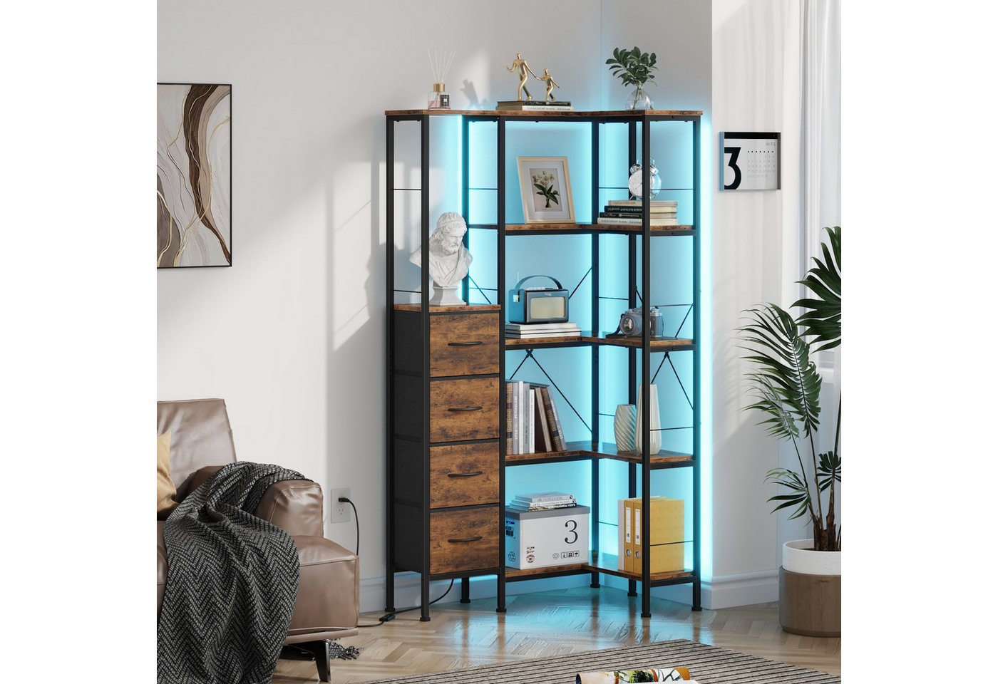 OYRREU Bücherregal Wohnzimmer, Homeoffice Eckenregal, LED-Beleuchtung, Helligkeit & Farbe einstellbar, Regal, 1-Stk., Wohnzimmerregal, Stauraumregal, App-gesteuert, 5 Ebenen, schmal, Aufbewahrungsregal Bild 4