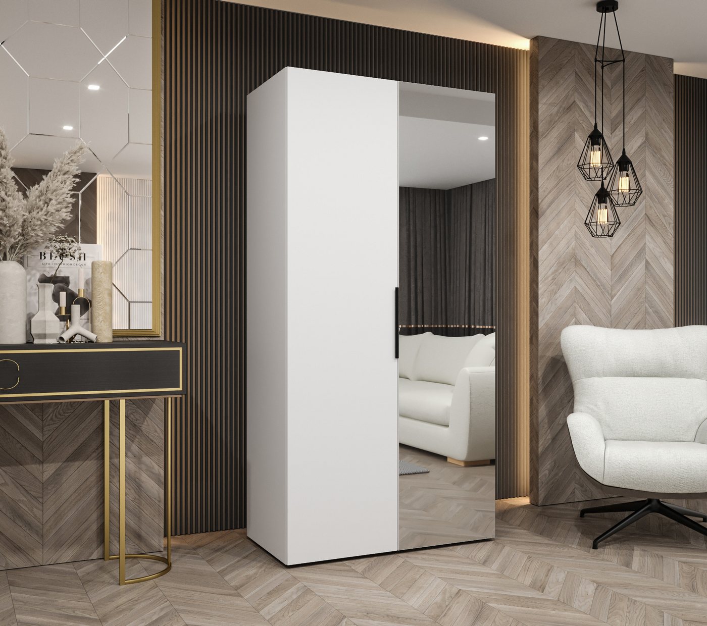 MOEBLO Drehtürenschrank SOLENA 2 (mit Spiegel – Moderner Kleiderschrank mit Soft-Close, Einlegeböden & Kleiderstange, verschiedene Breiten & Farben, Schrank Garderobe Schlafzimmer Drehtürenschrank) (BxHxT): 100/150/200/250/300x202x52 cm