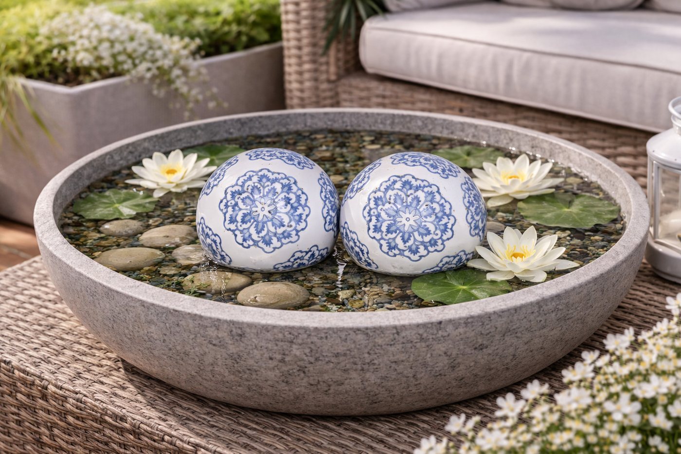 finehomegarden Teichfigur Schwimmkugel weiß-blau Ø4cm/Ø6cm/Ø8cm Blüten Porzellan Deko, (Set), Schwimmende Kugeln für Teich, Brunnen & Wasserschalen 3Größen wählbar