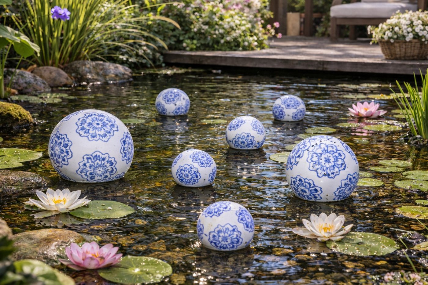 finehomegarden Teichfigur Schwimmkugel weiß-blau Ø4cm/Ø6cm/Ø8cm Blüten Porzellan Deko, (Set), Schwimmende Kugeln für Teich, Brunnen & Wasserschalen 3Größen wählbar Bild 5