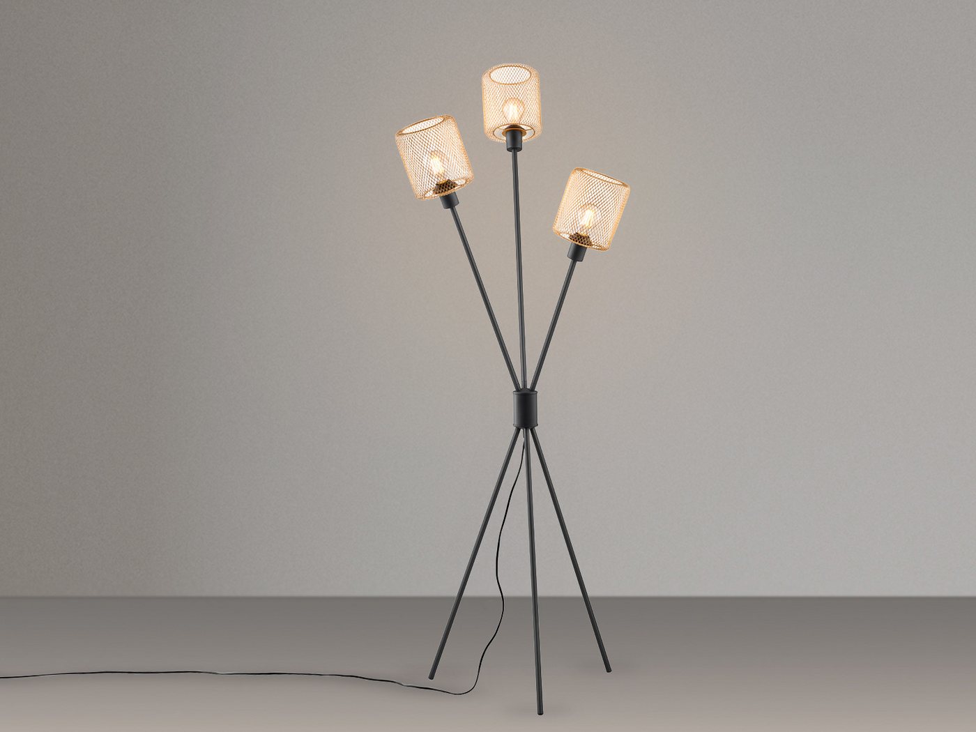 Reality Leuchten Stehlampe Dreibein, Metall Schwarz Gold, H: 159cm, ohne Leuchtmittel, drei Lampenschirme Drahtgestell Gold-Farben