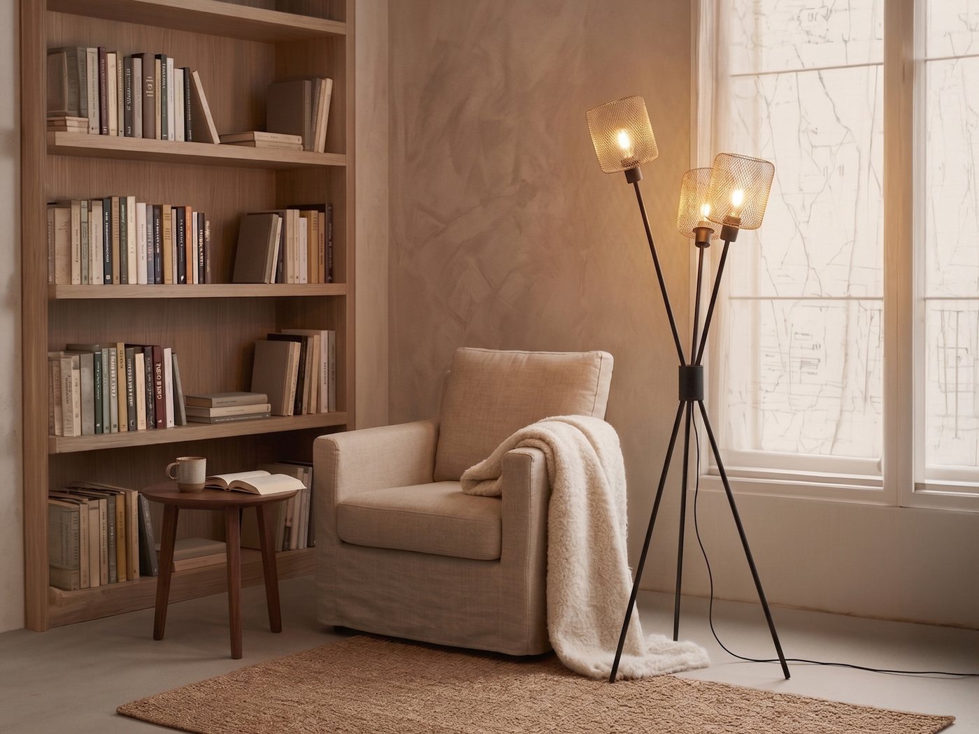 Reality Leuchten Stehlampe Dreibein, Metall Schwarz Gold, H: 159cm, ohne Leuchtmittel, drei Lampenschirme Drahtgestell Gold-Farben Bild 2