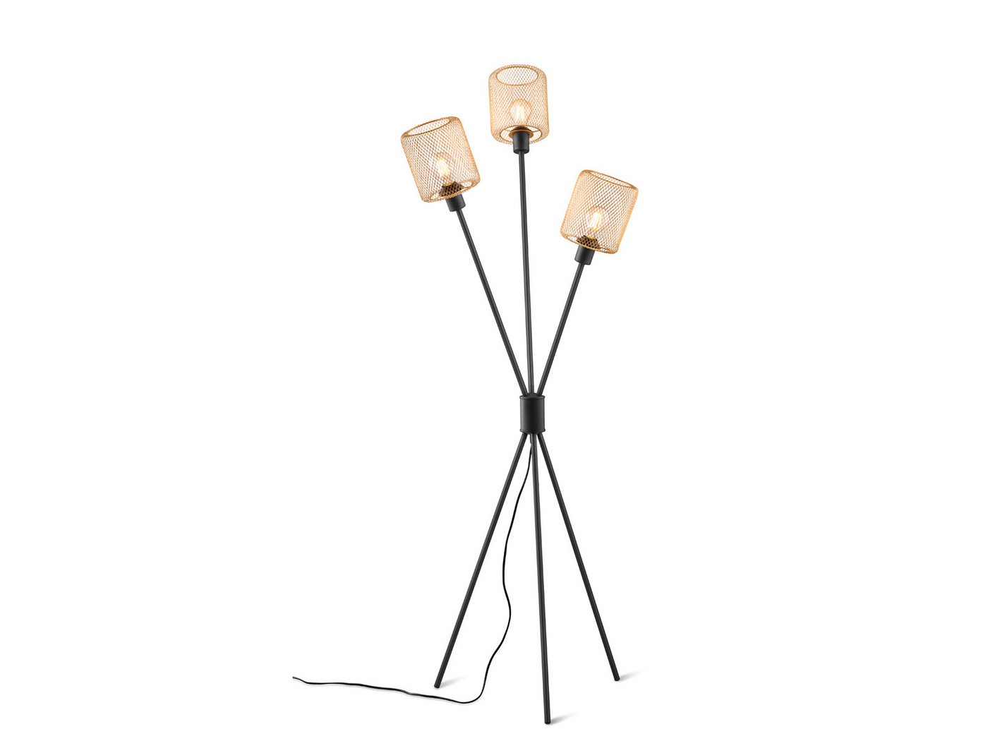 Reality Leuchten Stehlampe Dreibein, Metall Schwarz Gold, H: 159cm, ohne Leuchtmittel, drei Lampenschirme Drahtgestell Gold-Farben Bild 3