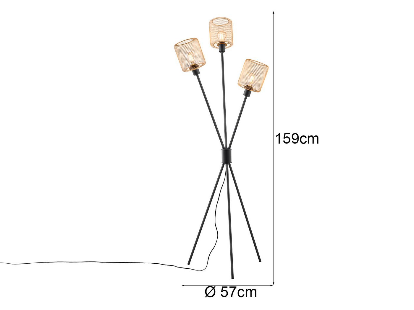 Reality Leuchten Stehlampe Dreibein, Metall Schwarz Gold, H: 159cm, ohne Leuchtmittel, drei Lampenschirme Drahtgestell Gold-Farben Bild 4