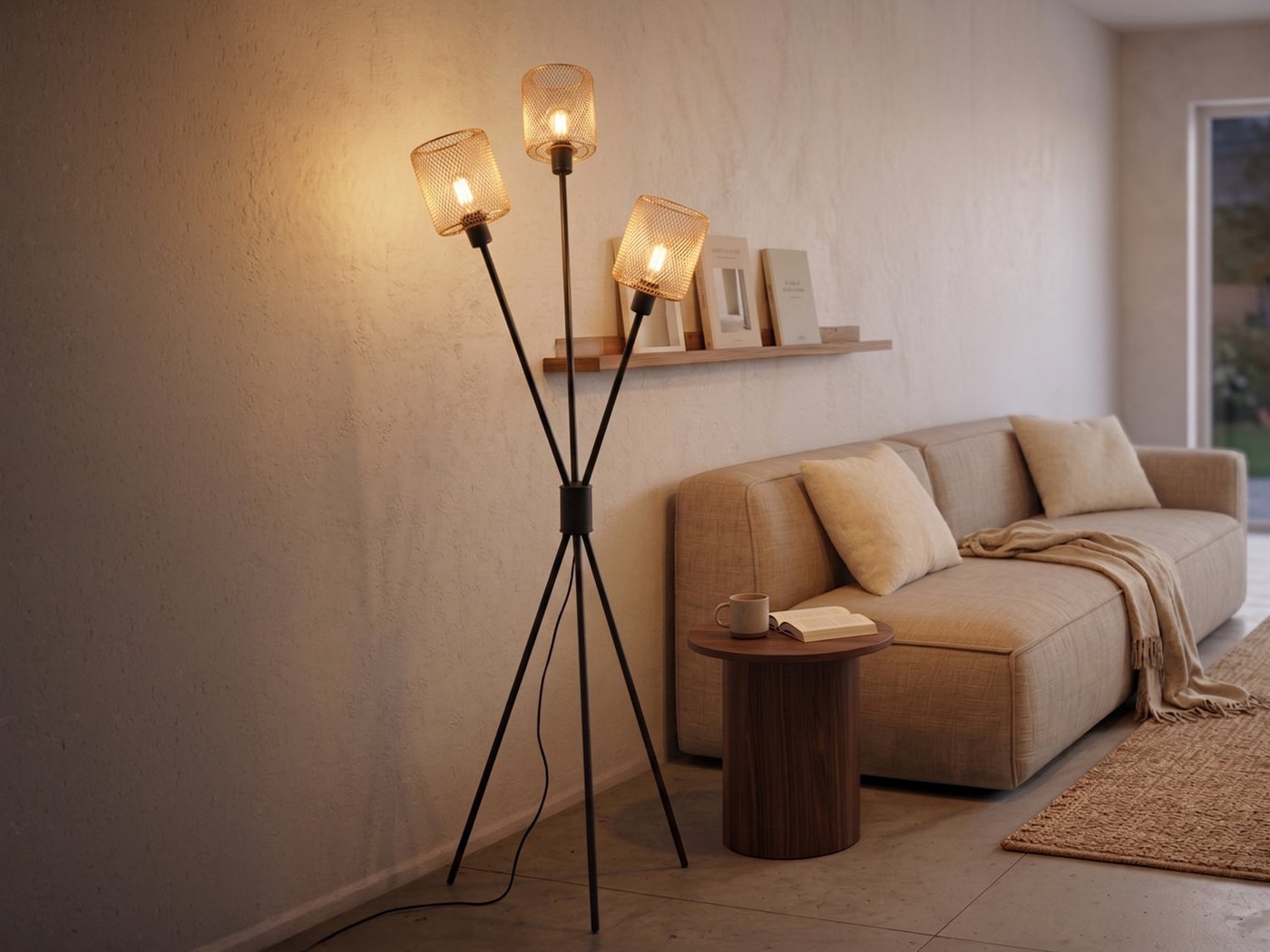 Reality Leuchten Stehlampe Dreibein, Metall Schwarz Gold, H: 159cm, ohne Leuchtmittel, drei Lampenschirme Drahtgestell Gold-Farben Bild 5