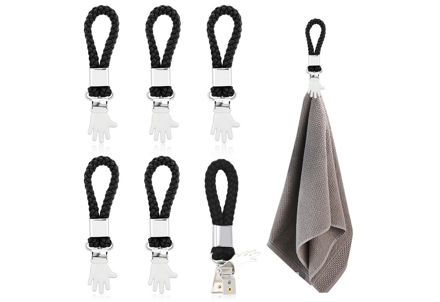 FOUORTUNATE-BEE Handtuchhaken 6er Handtuchclips Schwarz mit Ring, Handtuchhalter ohne Bohren, (6-St), Tuchhalter Clips für Küche Bad Wohnmobil Reise und Haushalt
