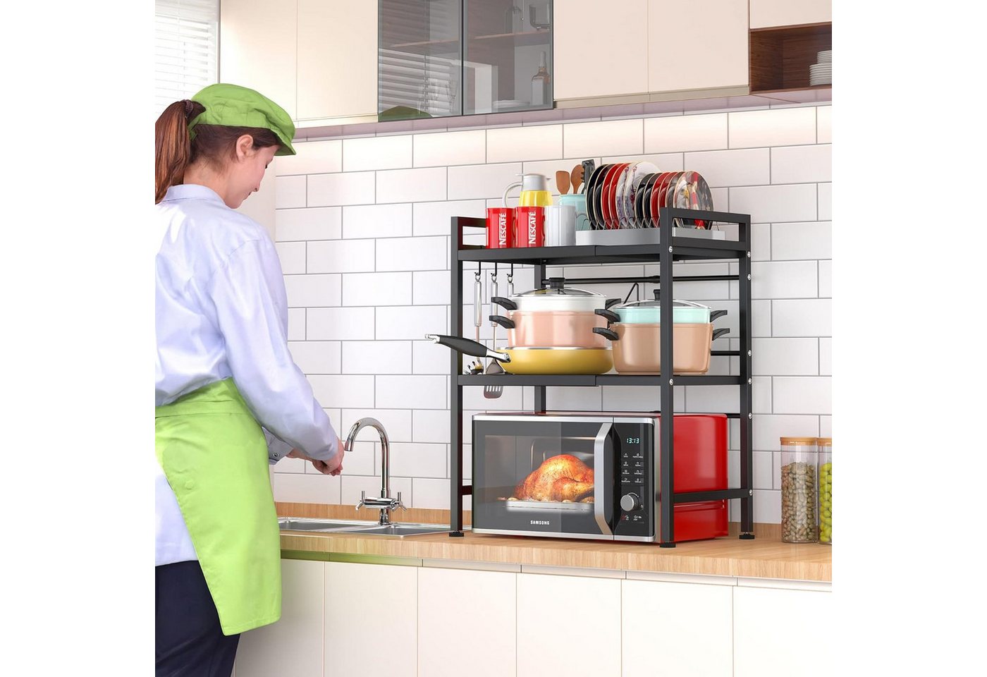 Refined Living Standregal 3-Stufiges Mikrowellenregal Ausziehbar 40-64 cm,Küchenregal, 6 Haken, Küchenregal aus Metall,Höhenverstellbares Mikrowellen Regal für Arbeitsplatte – Küchen Organizer Gewürzregal Bäckerregal Aufbewahrungsregal, Arbeitsplattenregal 1-tlg., Ideal für Mikrowelle, Kaffeemaschine, Gewürze & Küchenzubehör