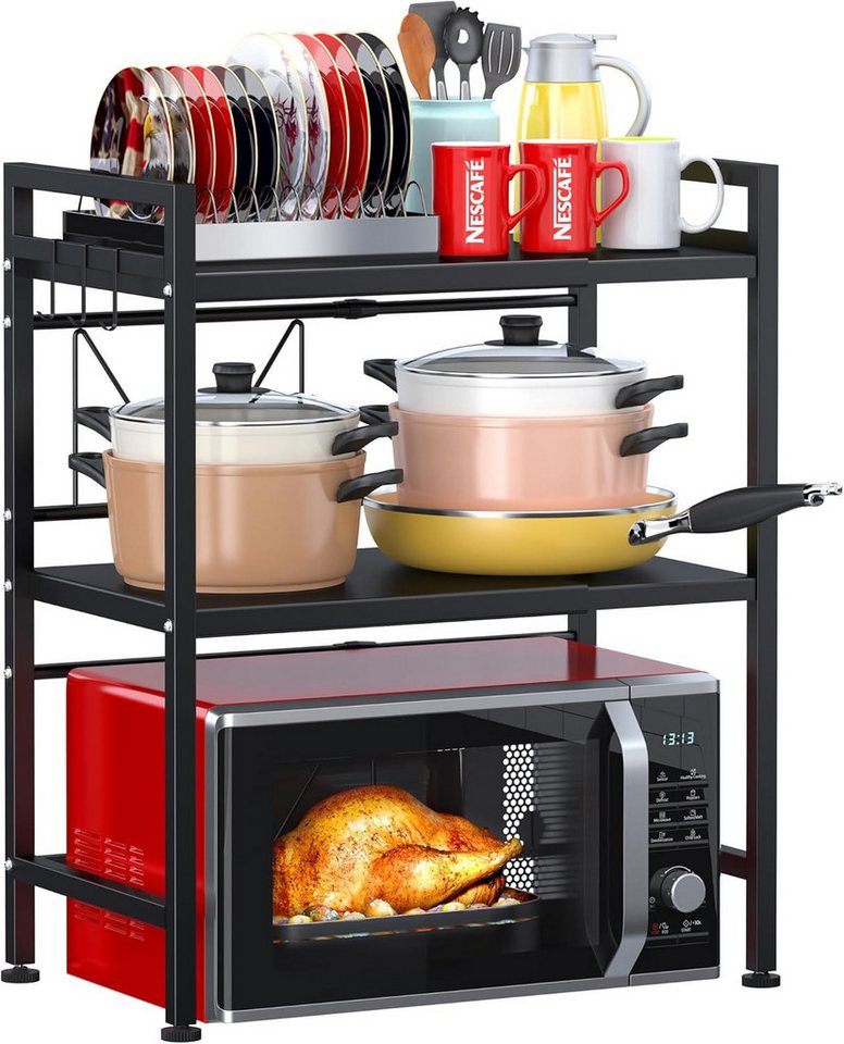 Refined Living Standregal 3-Stufiges Mikrowellenregal Ausziehbar 40-64 cm,Küchenregal, 6 Haken, Küchenregal aus Metall,Höhenverstellbares Mikrowellen Regal für Arbeitsplatte – Küchen Organizer Gewürzregal Bäckerregal Aufbewahrungsregal, Arbeitsplattenregal 1-tlg., Ideal für Mikrowelle, Kaffeemaschine, Gewürze & Küchenzubehör Bild 2