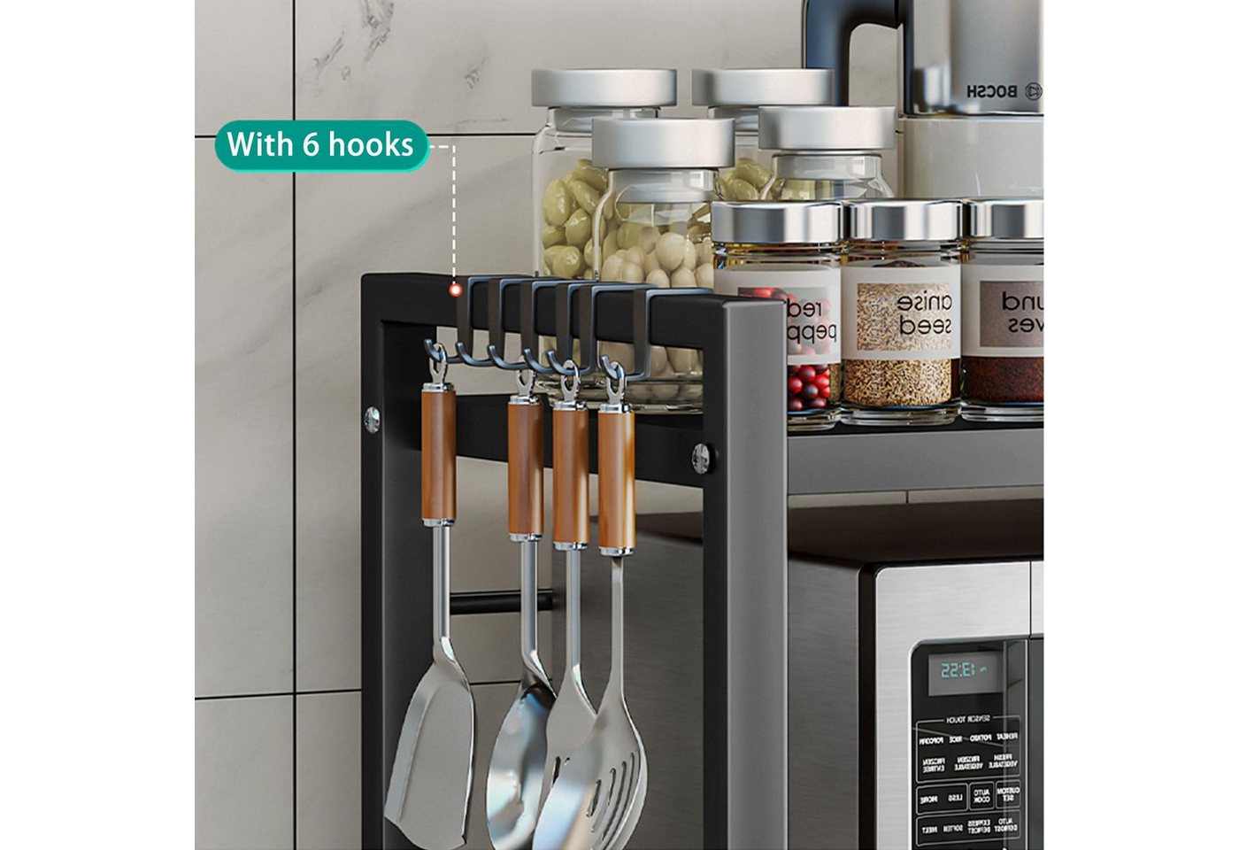 Refined Living Standregal 3-Stufiges Mikrowellenregal Ausziehbar 40-64 cm,Küchenregal, 6 Haken, Küchenregal aus Metall,Höhenverstellbares Mikrowellen Regal für Arbeitsplatte – Küchen Organizer Gewürzregal Bäckerregal Aufbewahrungsregal, Arbeitsplattenregal 1-tlg., Ideal für Mikrowelle, Kaffeemaschine, Gewürze & Küchenzubehör Bild 3