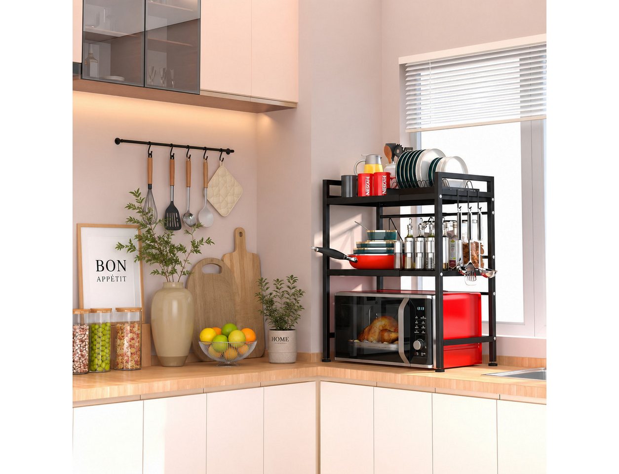 Refined Living Standregal 3-Stufiges Mikrowellenregal Ausziehbar 40-64 cm,Küchenregal, 6 Haken, Küchenregal aus Metall,Höhenverstellbares Mikrowellen Regal für Arbeitsplatte – Küchen Organizer Gewürzregal Bäckerregal Aufbewahrungsregal, Arbeitsplattenregal 1-tlg., Ideal für Mikrowelle, Kaffeemaschine, Gewürze & Küchenzubehör Bild 4